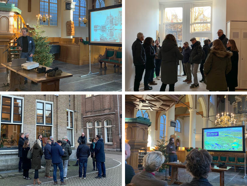 Een overzichtsfoto van de Erfgoed Deal-bijeenkomst in Amsterdam met impressies van de sprekers, deelsessies en wandelingen langs de grachten.