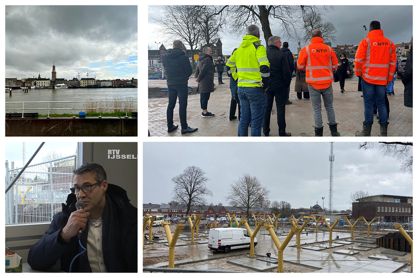 Linksboven een foto van de 'skyline' van het stadscentrum van Kampen, rechtsboven een groep mensen die uitleg krijgt door mensen met een fluorescerende jas aan, linksonder een meneer in een bouwkeet met een microfoon in zijn hand, rechtsonder de pilaren die in de bouwput zijn geplaatst voor de bouw van de fietenstalling.