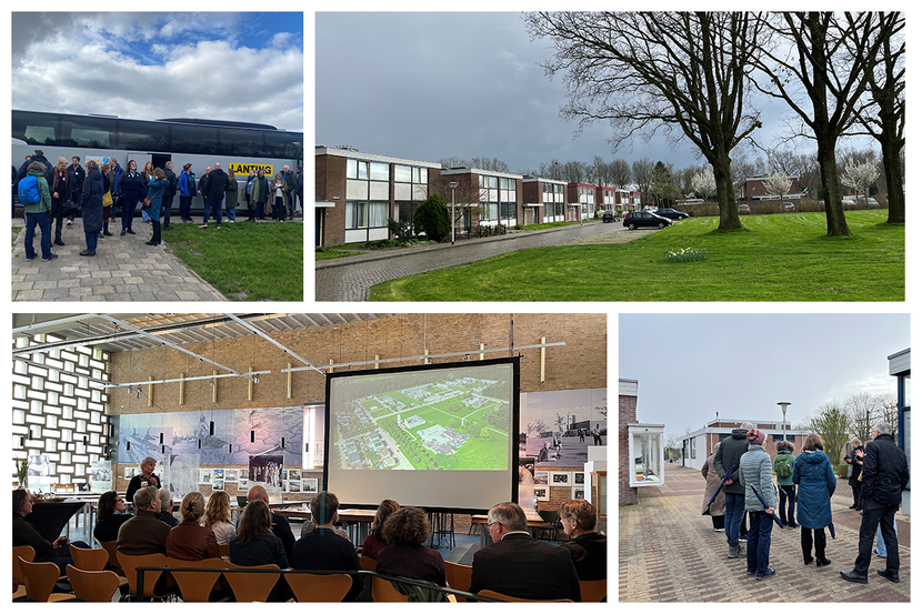 Linksboven een groep mensen staand voor een touringcar, rechtsboven platte daken rijtjeshuizen en een grasveld, linksonder een groep mensen die naar een presenterende mevrouw luisteren en kijken naar een presentatie, rechtsonder een groep mensen worden rondgeleid door de oude winkelstraat.