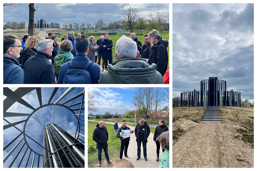 Linksboven een groep mensen die luistert naar een rondleider in een park, rechts een kunstwerk omgeven door zandgrond, linksonder een luchtfoto met een deel van het kunstwerk, in het midden een meneer die een tekening/ontwerp laat zien.