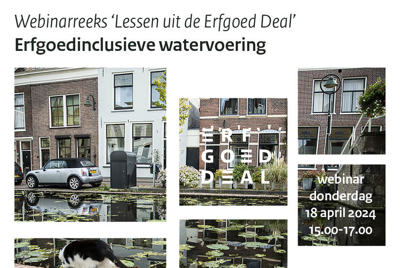 Aankondigingsbanner voor het webinar erfgoedinclusieve watervoering, met daarop witte kaders waarbinnen een gracht in een binnenstad te zien is.