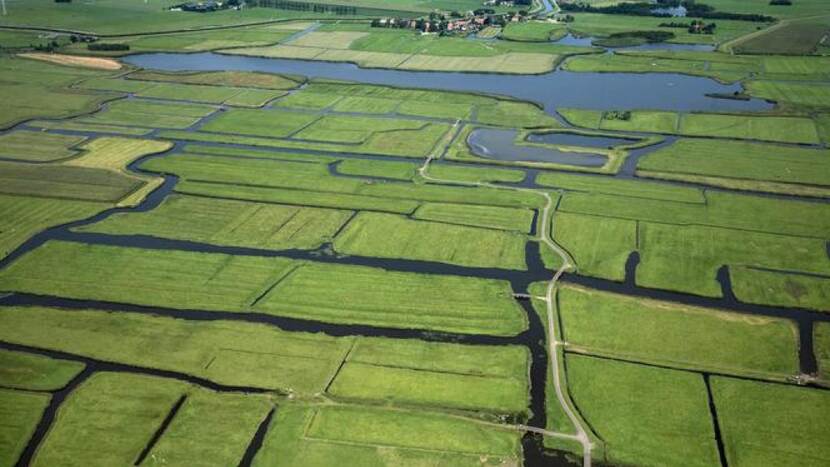 Luchtfoto van Amsterdam Wetlands: weilanden met water