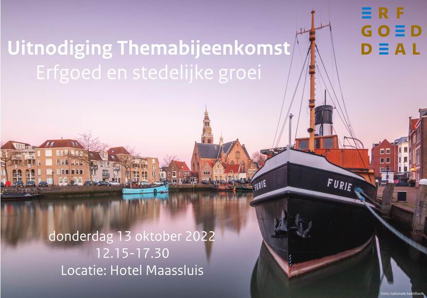 Uitnodigingskaart themabijeenkomst Erfgoed en stedelijke groei met daarop de haven van Maassluis